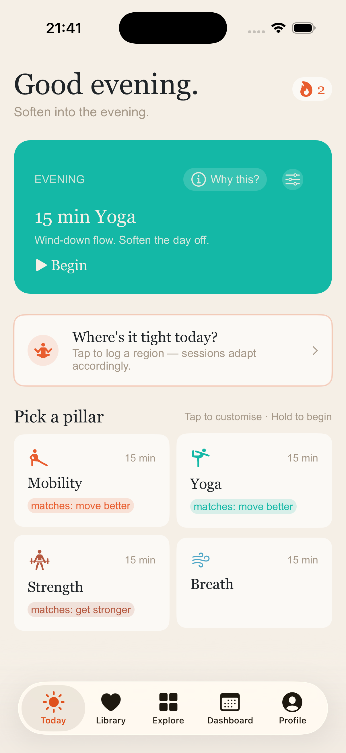 Sthira Me Today tab on iPhone. A Sky-blue card reads Midday, 5 min Breath, Box breath, clear the head before the next thing, with a Begin button. Below it a pillar picker shows Mobility, Yoga, Strength and Breath cards, each tagged with why it matches the user today.
